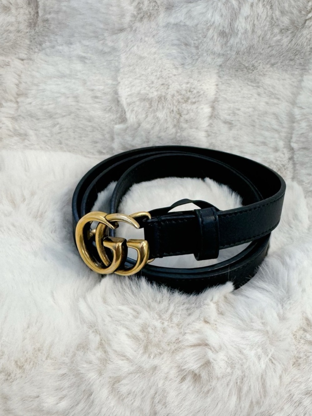 Gucci Double G Buckle Black Leather Thin Belt